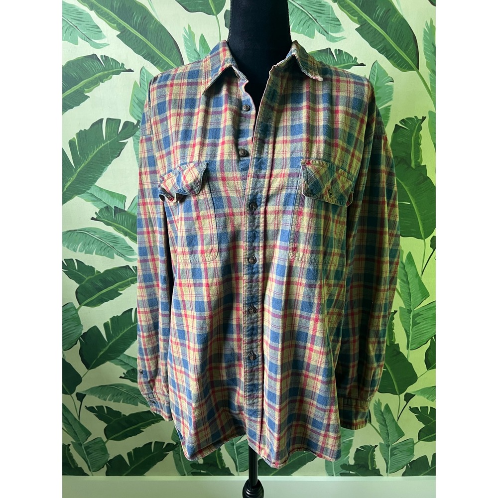 Gap Plaid‎ Flannel Button Down Shirt Womens XL Olive Green Navy Red